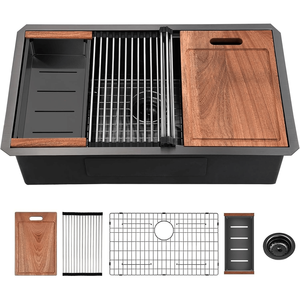 Lavello da cucina sottopiano in acciaio inox calibro 16, fatto a mano, 81x48 cm, nero gunmetal, con 32 fori per rubinetti - Product Image 1