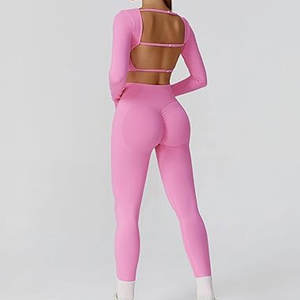 Ensembles de sport pour femmes, haut court à manches longues et dos ouvert, leggings taille haute, ensembles de survêtement pour l'entraînement, ensembles de yoga 2 pièces, tenues athlétiques - Product Image 5