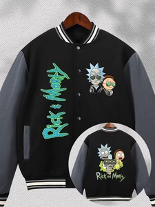 Rick Morty Varsity <b>Jacket</b> <b>Men's</b> Black Sleeve Casual Eco-Friendly Breathable High Street Style Summer Outerwear OEM Service Front - Product Image 1