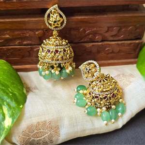 Chandelier Earrings with Green Beads Gold Plated Pearl and Emerald Moon Charm - Product Image 1