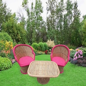 Ensemble de chaises de jardin en bambou pour salon, coussins roses, 2 chaises, 1 table, design moderne, meubles d'extérieur écologiques, confortables - Product Image 4