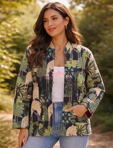 Premium Handcrafted Indian Mughal Forest Print Quilted Knitted Breathable Cotton <b>Jacket</b> V Neck <b>Lightweight</b> Full Sleeve Open - Product Image 1