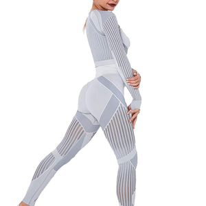 Geometric <b>Mesh</b> Yoga Set High Waist Full Length Leggings With Long Sleeve <b>Crop</b> <b>Top</b> Crew Neck Seamless Four-Way Stretch - Product Image 2