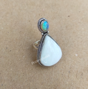 Water Drop 925 Sterling Silver <b>Ring</b> With Original Scolecite Ethiopian <b>Opal</b> Gemstone Bezel Setting Bohemia Style Unisex Jewelry - Product Image 1