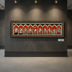 Peinture murale rectangulaire artisanale traditionnelle SriKrishna Dashavatara - Origine Orissa - Décoration suspendue pour salon intérieur - Product Image 2