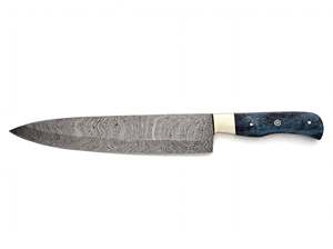 Couteau de chef artisanal en acier Damas avec manche en bois bleu et bolster en laiton pour trancher - Product Image 2