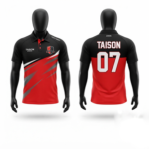 เสื้อกีฬาโพลีเอสเตอร์พรีเมียม 240 กรัม สำหรับทีม สีดำ แดง ขาว แบบแผง  โลโก้พิมพ์ลายแบบรีดร้อนตามสั่ง ระบายอากาศได้ดี - Product Image 1