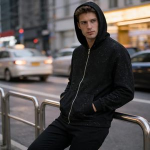 Vente en gros – Blouson à capuche unisexe Y2K à fermeture éclair, orné de strass effet éclaboussures étoilées, en coton épais noir – Fabricant OEM - Product Image 3
