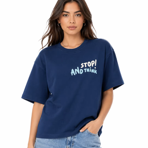 Camiseta gráfica azul marino de primera calidad para mujer, camiseta informal extragrande con estampado Stop And Think, camiseta de algodón con cuello redondo y manga corta - Product Image 1