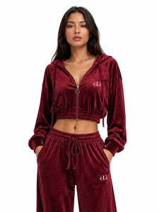 Signature Women's Luxury Athleisure <b>Velour</b> Hoodies and Wide Leg <b>Trouser</b> Set Custom Cropped Hooded Fashion Tracksuit Autumn OEM - Product Image 3