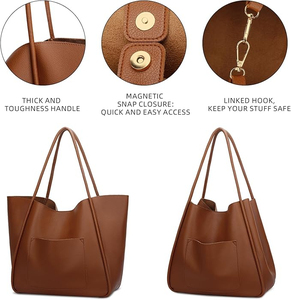Sac fourre-tout en cuir véritable pour femme, couleur unie, fermeture ouverte, style minimaliste, toutes saisons, usage quotidien - Product Image 4