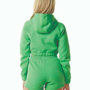 Sweat-shirt à capuche court zippé vert pour femme, décontracté, à manches longues - Product Image 3