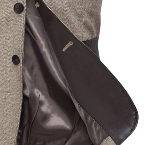 Blazer de mezcla de lana para hombre Leather Cult, con mangas de cuero marrón, solapa y botonadura sencilla. - Product Image 3