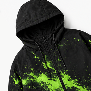 Veste coupe-vent personnalisée pour homme, vert fluo, motif éclaboussures, entièrement zippée, à capuche, oversize, imperméable, style streetwear, survêtement, manteau cargo - Product Image 4