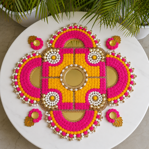 Tapis Rangoli artisanal avec pompons et supports pour Diya, décorations en perles miroir rose et jaune pour Diwali, mariage, Puja, décoration de sol festive - Product Image 2
