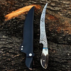 Cuchillo de Filetear Hecho a Mano con Hoja con Patrón de Damasco y Mango de Cuerno, Cuchillo de Cocina para Pesca, Camping y Uso al Aire Libre - Product Image 6