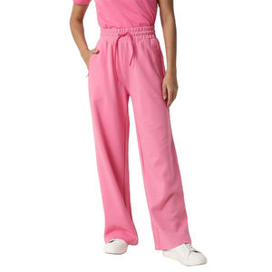 Pink Wide Leg Sweatpants <b>Elastic</b> Waist Drawstring Casual Women Custom Pants Spring Knitted Breathable Midweight Side Pockets - Product Image 4