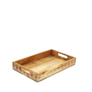 Plateau de service en bois de manguier sculpté à la main avec poignées - Plateau décoratif rustique pour le petit-déjeuner, la table à café et la cuisine - Product Image 1