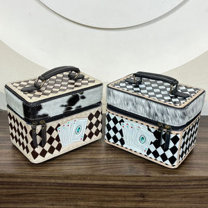 Western Style Hand Tooled Cowhide Leather Jewelry Organizer with Velvet Interior & Checkered Playing Card Pattern Jewelry Box - Product Image 5