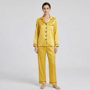Women Satin <b>Pajama</b> Set Long Sleeve Button Sleepwear <b>Suit</b> 100% Satin Silk Nightwear Summer Front Logo Loungewear - Product Image 1