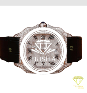 Montre de luxe en or rose avec diamants Moissanite et bracelet en cuir noir, entièrement sertie de pierres VVS, montre de créateur personnalisée et audacieuse - Product Image 3