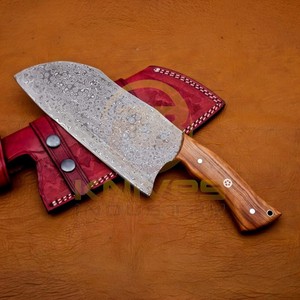 Couteau à viande artisanal en acier Damas avec manche en bois d'olivier, couteau de boucher professionnel, couteau de cuisine pour hacher, OEM - Product Image 5
