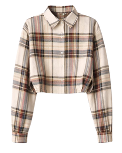 Chemisier court pour femme à carreaux beiges, col rabattu, manches longues, boutonné, style décontracté, personnalisé par le fabricant, fournisseur OEM - Product Image 1