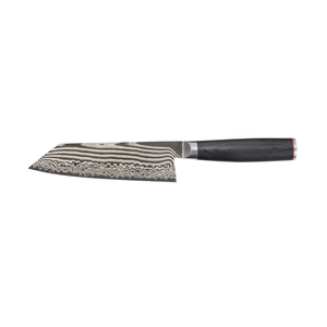 6.5-inch Bunka <b>Knife</b> with Black Grain Handle Silver Wavy Design Blade Red Trim and Silver End Cap for <b>Slicing</b> Chopping Dicing - Product Image 1