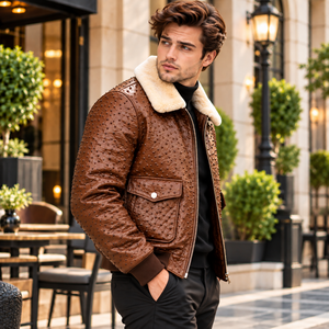 Veste en cuir texturé haut de gamme pour homme avec détails cloutés, col en peau de mouton crème, poches à rabat, ourlet côtelé et style hiver - Product Image 4
