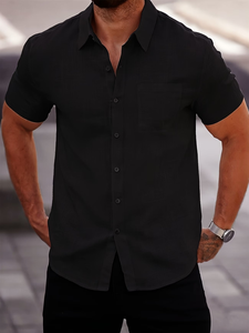Customized Brand Men's Navy Blue Short Sleeve Cotton Shirt Solid Casual Button Woven Fabric Summer Style 120g Button Collar - Product Image 6