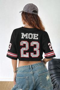 Maillot de football américain personnalisé pour femme, en maille scintillante, avec numéro en strass, style streetwear, col en V, coupe oversize, vente en gros - Product Image 4