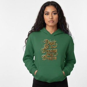 Sudadera con Capucha Verde para Mujer con Estampado de Frase 'Dream' en Dorado, Tejido de Algodón, para Otoño - Product Image 1