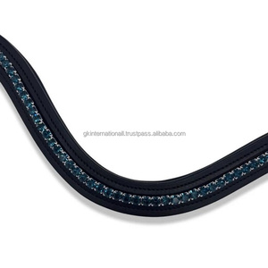 Cuir anglais noir forme incurvée profonde canal vide bande de front de cheval en cuir rembourré personnalisée avec des cristaux de verre ronds à 1 rangée - Product Image 6