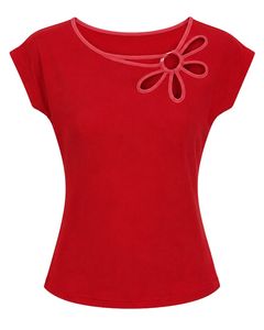 Customized <b>Red</b> Women Flower Neck Short Sleeve Casual T Shirt Soft Stretch Breathable Summer Fashion Blouse Elegant Daily Wear - Product Image 1