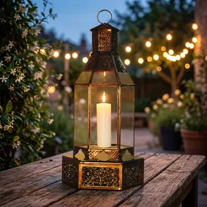Farol Hexagonal de Latón con Paneles de Vidrio, Portavelas Duradero para Exteriores, Decoración del Hogar - Product Image 1