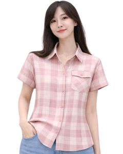 Custom Blush Pink And Plaid Womens Short Sleeve Button Up Shirt Casual Summer Lightweight Breathable Checkered Top With Pocket - Product Image 1