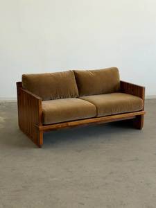 Midcentury Modern Two Seat Wood Sofa With Brown Cushions Outdoor Garden Furniture - Product Image 2