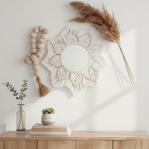 Espejo de Pared de Macramé Bohemio Blanco, Espejo de Vidrio Hecho a Mano con Cuerda de Algodón, Decoración para Sala de Estar, Diseño Geométrico Redondo - Product Image 1