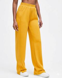 Pantalones de chándal de cintura alta para mujer, de pierna ancha, estilo urbano, holgados, con costuras pintuck, joggers casuales, de felpa de algodón, amarillo mostaza - Product Image 1