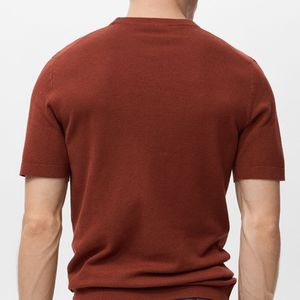 T-shirt à manches courtes en tricot pour homme, col rond, couleur unie, coupe ajustée, vêtements décontractés, rouge brun, coton de haute qualité, design uni - Product Image 4