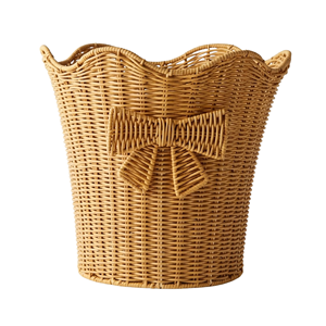 Custom Size Scalloped Rattan Waste Basket, Classic Open Top Wicker Trash Can, Eco-Friendly Garbage <b>Bin</b> for Bedroom & Hotel - Product Image 1