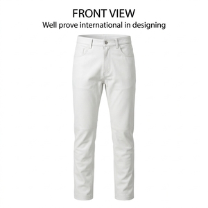 Premium <b>Men's</b> Winter High Waist Zipper Fly Sheepskin <b>Leather</b> Motorcycle <b>Trousers</b> Custom Debossed Patch Hardware Laser Print Grey - Product Image 5