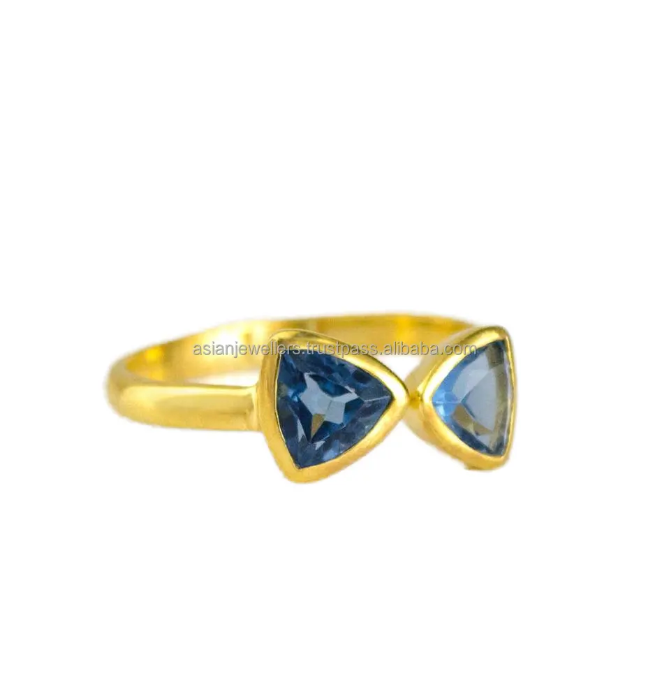 טבעת אבן חן קוורץ כחולה טופז 925 כסף סטרלינג עדינה מתכווננת בציפוי זהב