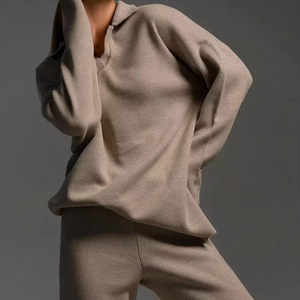 Conjunto de 2 Piezas Tejido para Mujer, Blanco, Manga Larga, Corte Holgado, Sudadera con Cuello Camisero y Pantalones Anchos, Estilo para Todas las Temporadas - Product Image 2