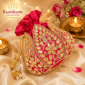 Indian Handmade Embroidered Lotus Decorated Silk Drawstring Potli Bag Women's Wedding Bridal Clutch Purse Evening Party Wear - Product Image 3