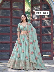 Mint <b>Green</b> <b>Silk</b> Indian Pakistani Set Lehenga Choli Dupatta V Neck Floor-Length Festive Wedding Outfit - Product Image 6