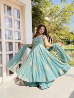 Ensemble de costume Anarkali en soie pure Teal Pure Fendy avec broderie dorée, style indien pakistanais, pour fêtes, séchage rapide, toutes saisons
