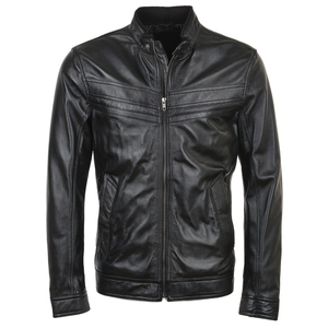 Men's Brown Cow Leather Moto Jacket Stand Collar Zipper Closure Regular Sleeve Autumn Biker Style Solid Color Slim Fit - Product Image 4