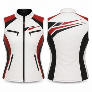 Women Real Leather Vest <b>White</b> Red Casual Sleeveless Color Block Zip Up Slim Fit <b>Waistcoat</b> Top Selling Fashion <b>Lady</b> Outerwear - Product Image 5