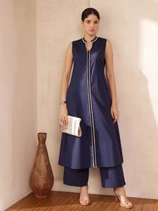 Navy Blue <b>Sleeveless</b> Maxi <b>Dress</b> With Contrast Binding Stand Collar Loose Fit Casual Daily Wear <b>Summer</b> Woven Cotton <b>Dress</b> - Product Image 5